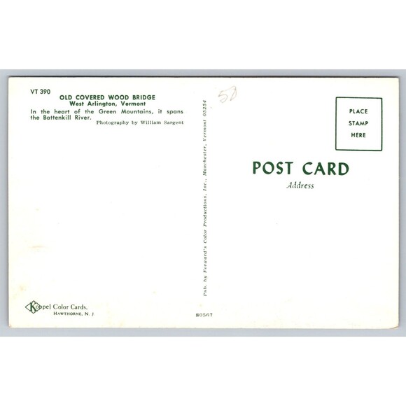 Postcard VT Arlington Old Covered Wood Bridge Green Mountains Battenkill River - Picture 2 of 2